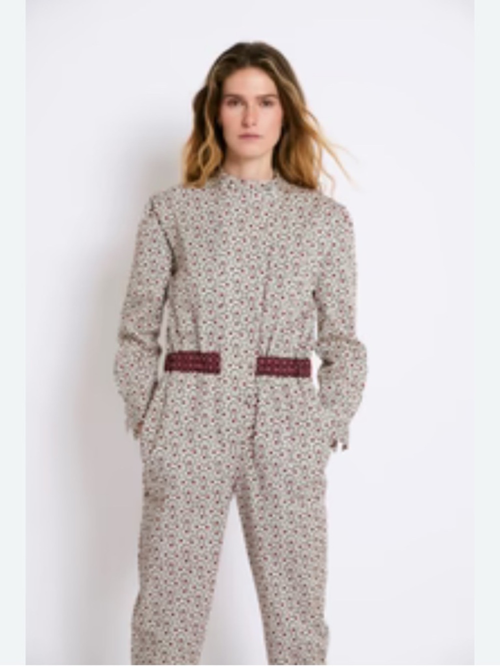 Sophie + Lucie - Floral Print Long Sleeve Jumpsuit with Burgundy Trim